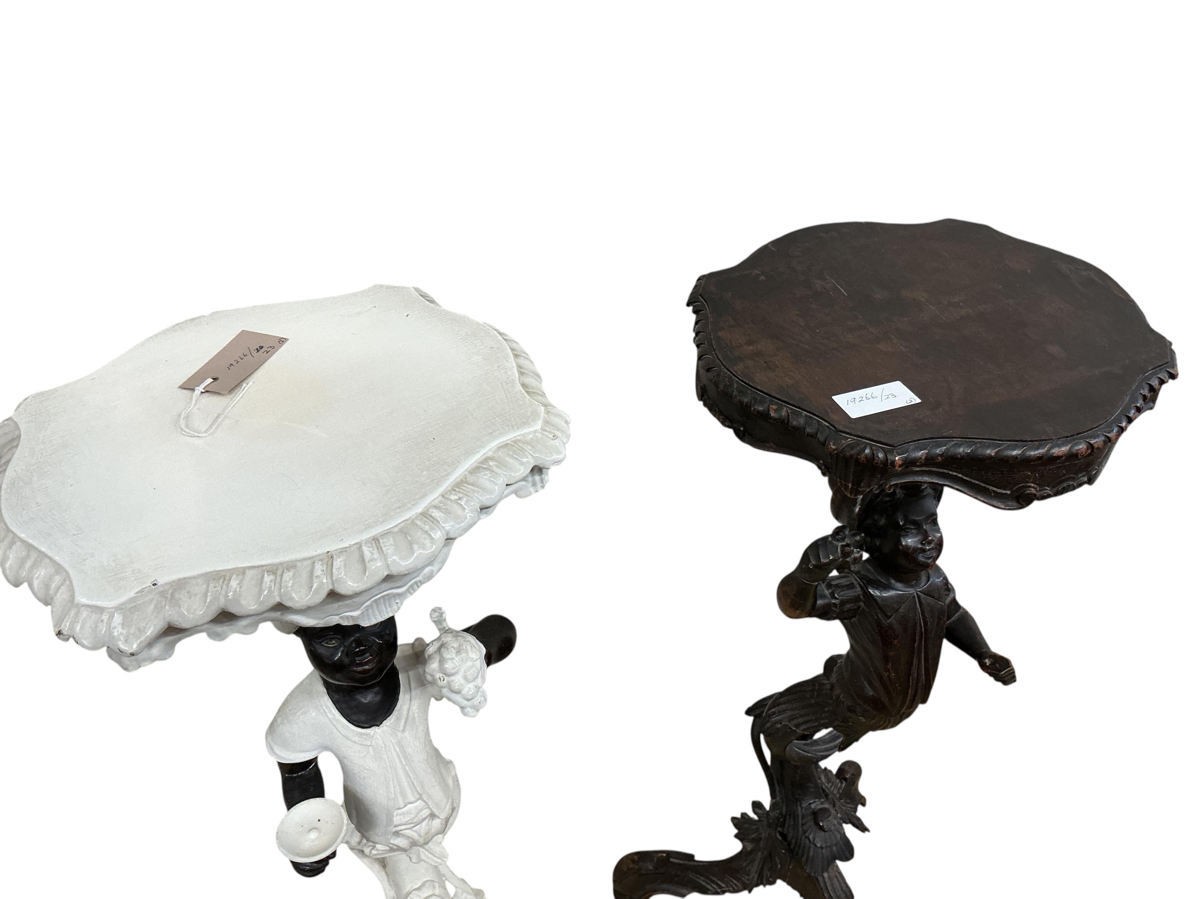 A near pair of Italian carved walnut Blackamoor torcheres, one later painted, larger 94cm